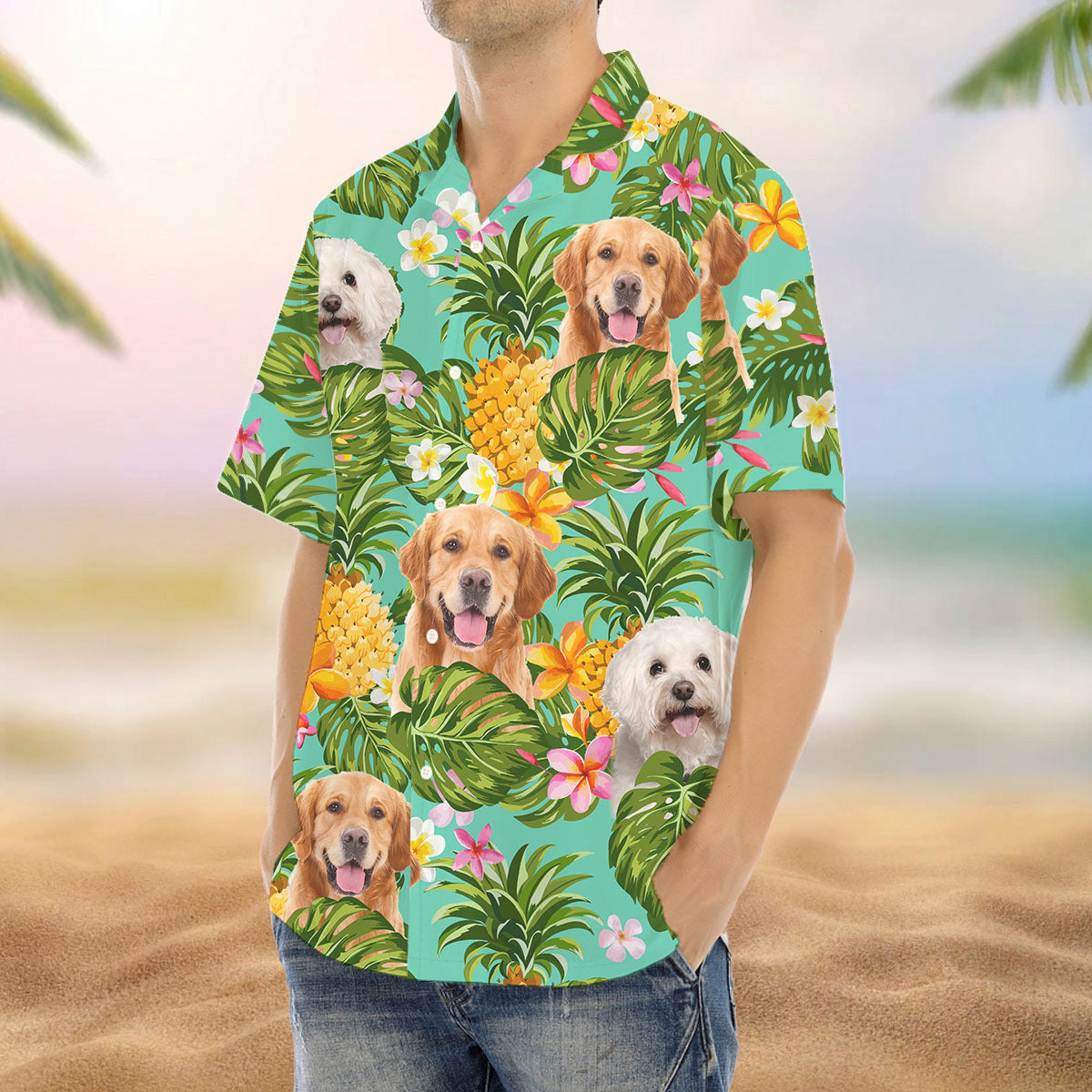 Custom Pet Face Photo Turquoise Hawaiian Shirt, Pineapple Tropical AI