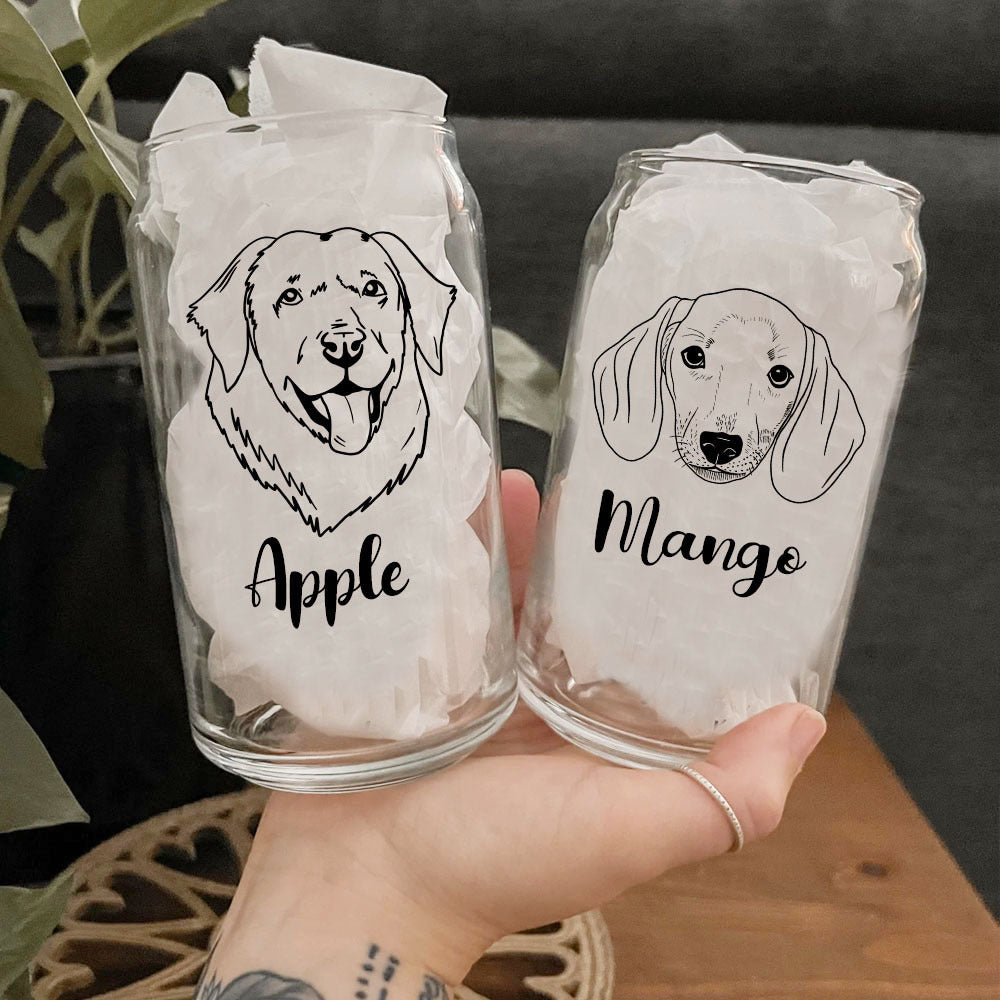 Dog Face Line Drawing Cup Iced Coffee Glass with Lid Straw YHN-THUY