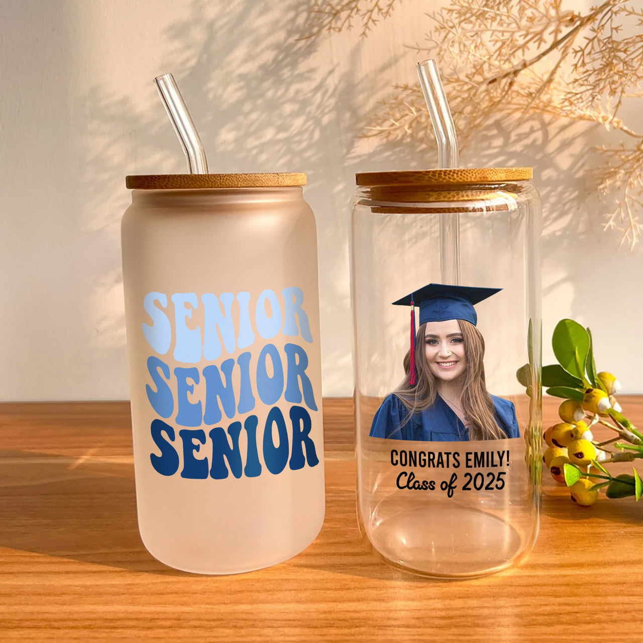 Custom Photo Glass Bottle/Frosted Bottle With Lid & Straw - Graduation Gift - Class Of 2025 Senior Retro Gift FC