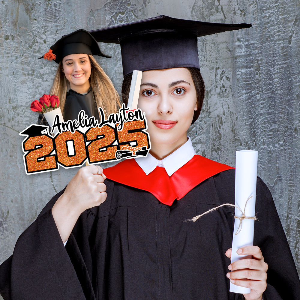 Custom Glitter 2025 Photo Graduation Face Fans With Wooden Handle, Gift For Graduation Party