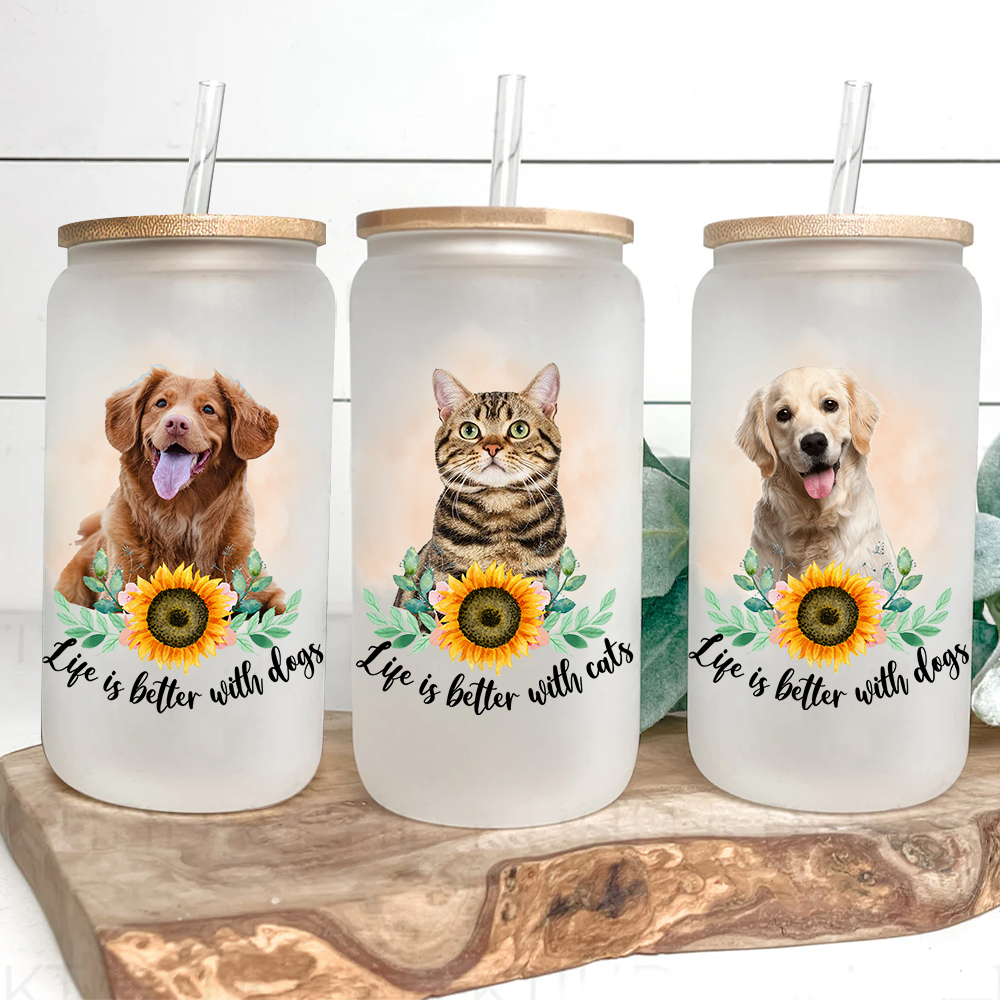 Personalized Dog Photo Life is Better With Dogs Cats Glass Bottle/Frosted Bottle With Lid & Straw, Best Gift For Dog Cat Lovers AF
