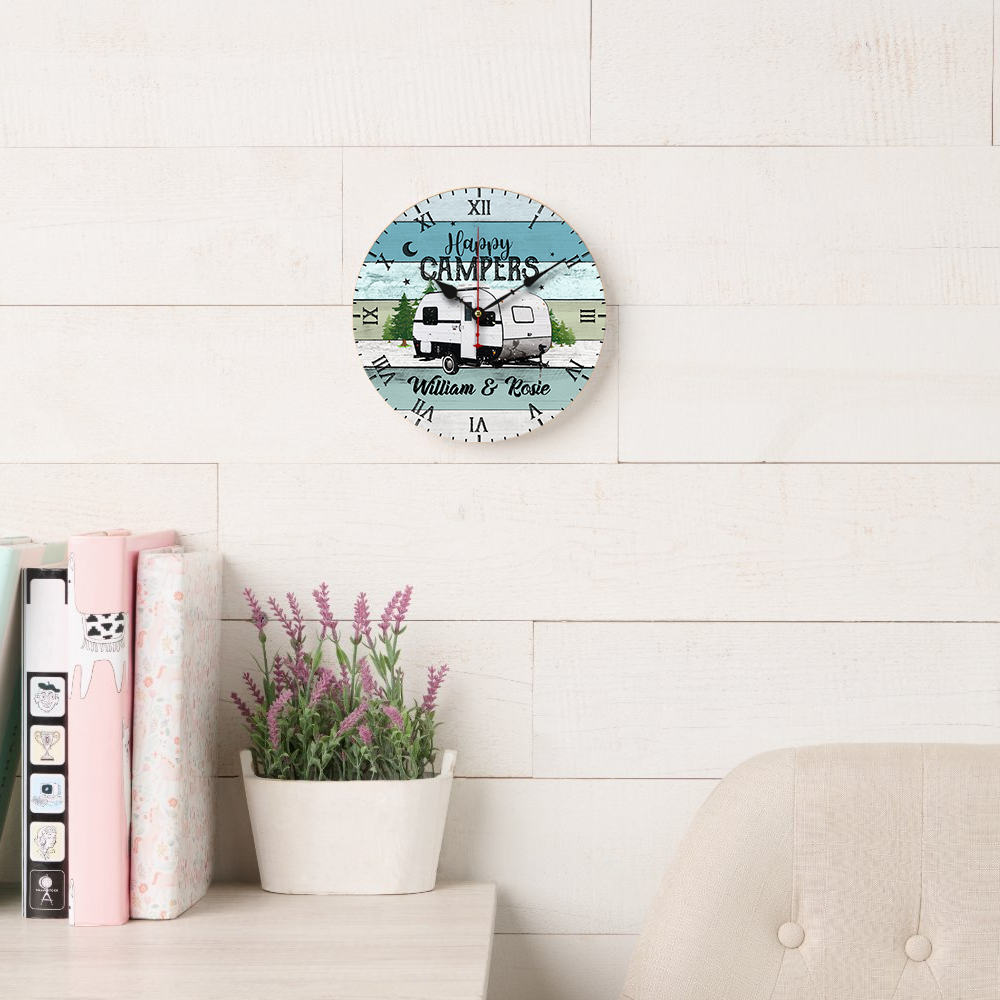 Custom RV Photo Happy Campers Camping Wall Wooden Clock, Gift For Camper FC