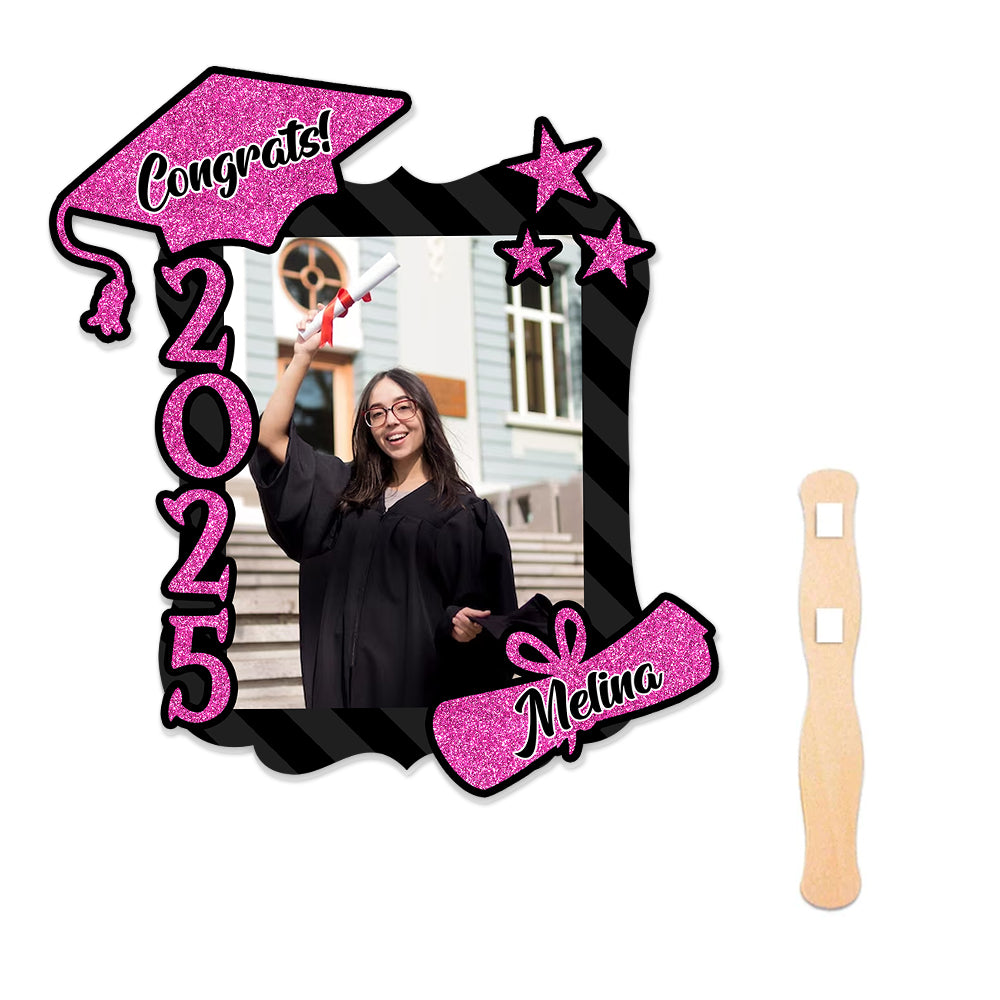 Custom Congrats 2025 With Name Photo Graduation Face Fans With Wooden Handle, Gift For Graduation Party