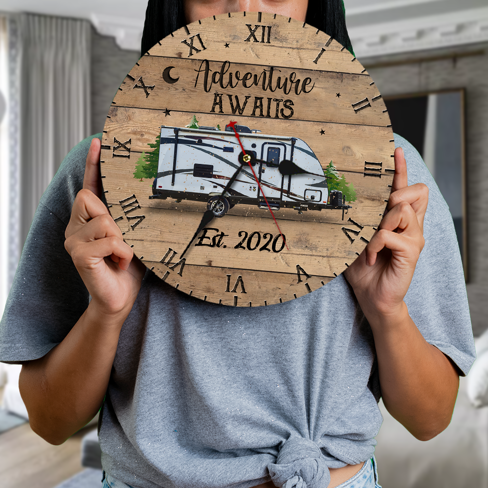 Custom RV Photo Happy Campers Camping Wall Wooden Clock, Gift For Camper FC