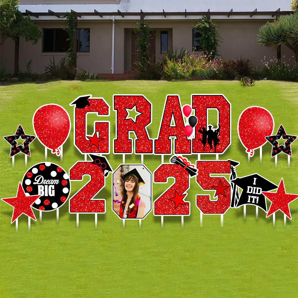 Custom Set Of 13 Signs Dream Big Grad 2025 Glitter Graduation Outdoor Lawn Decor, Graduation Party Decorations Supplies