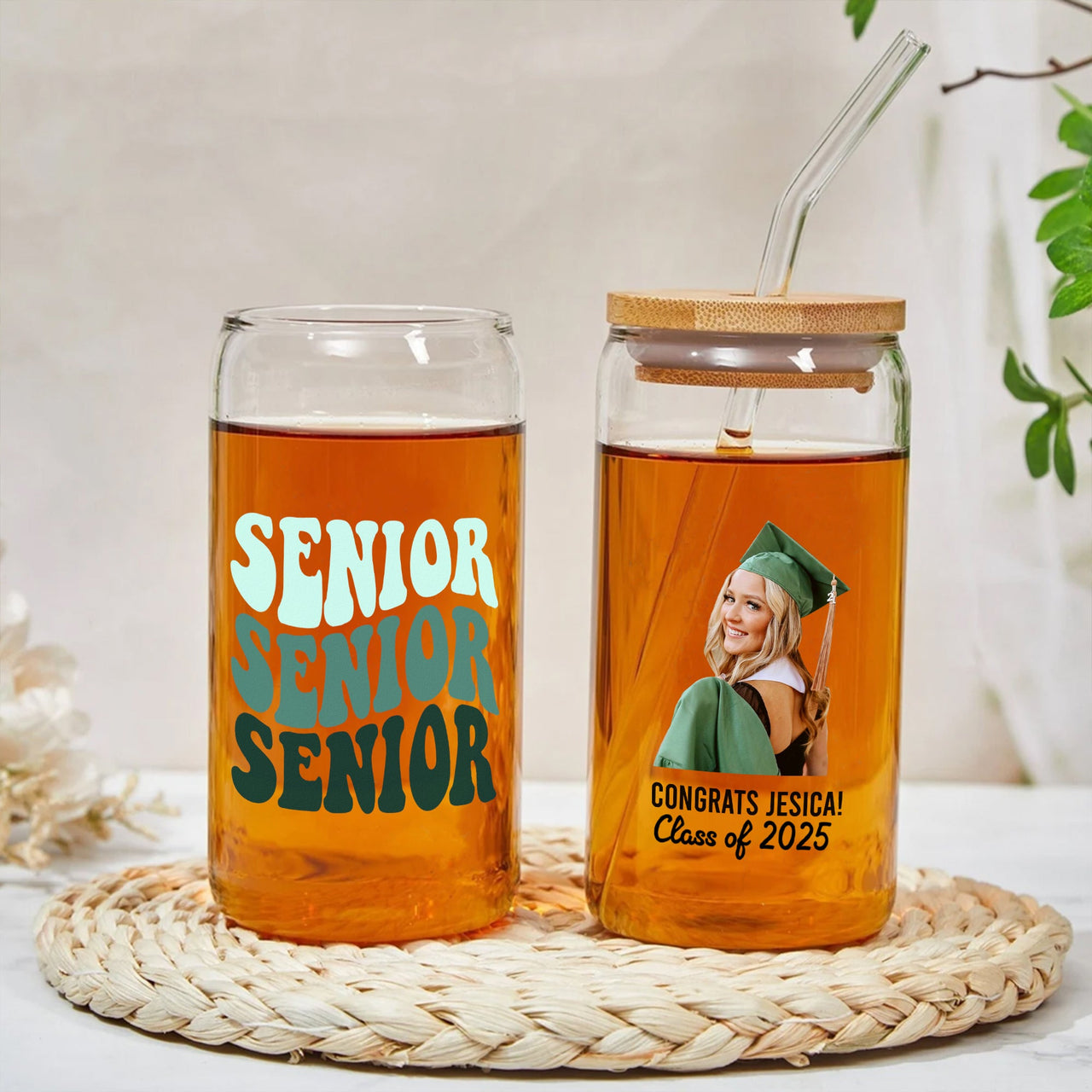 Custom Photo Glass Bottle/Frosted Bottle With Lid & Straw - Graduation Gift - Class Of 2025 Senior Retro Gift FC