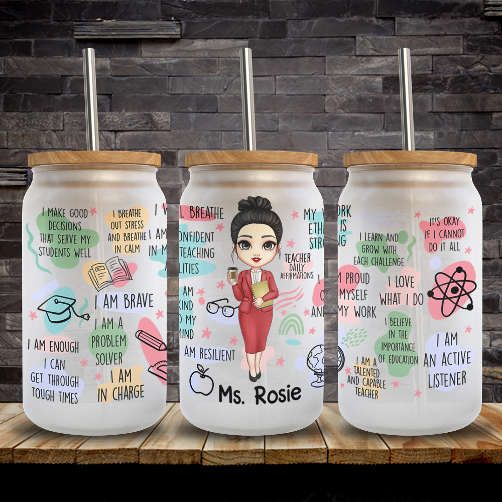 Personalized Teacher Daily Affirmation Glass Bottle/Frosted Bottle With Lid & Straw, Teacher Gift AF