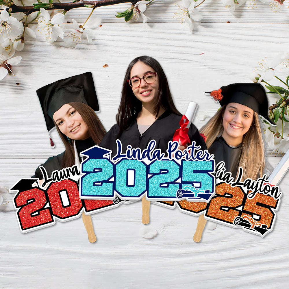 Custom Glitter 2025 Photo Graduation Face Fans With Wooden Handle, Gift For Graduation Party