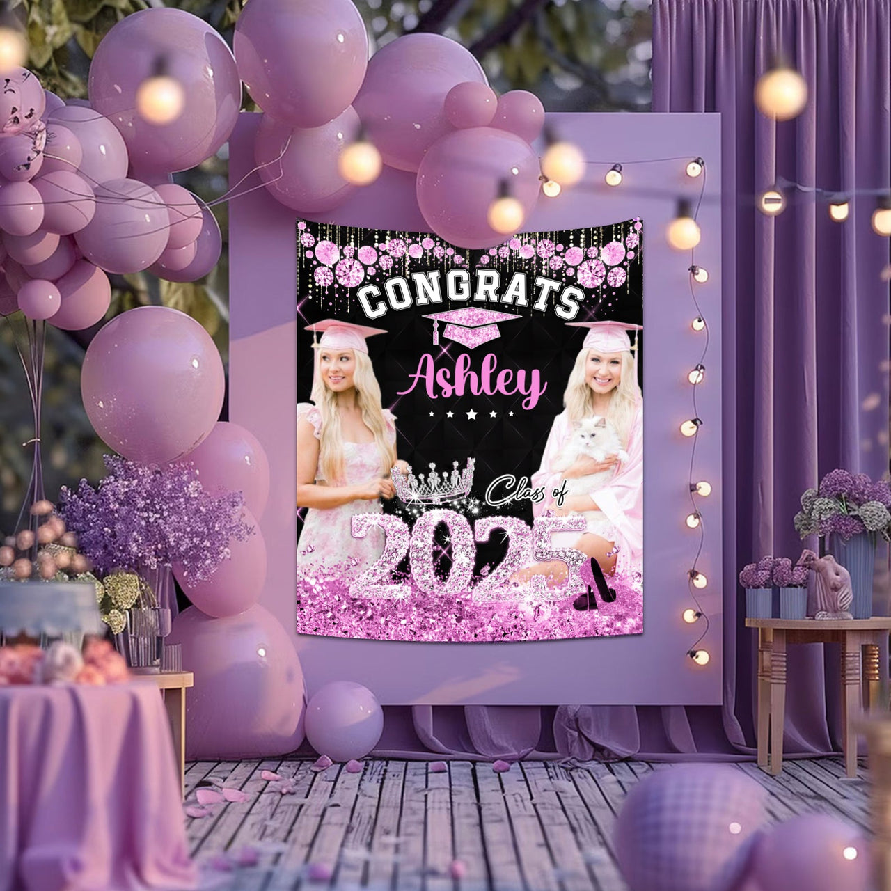 Personalized Diamond Glitter Queen Class Of 2025 Backdrop, Graduation Party Supply FC