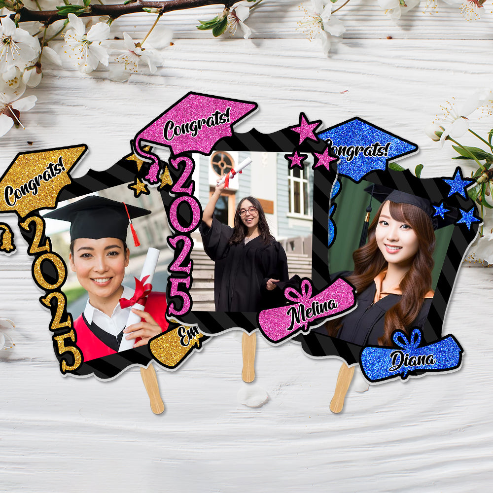 Custom Congrats 2025 With Name Photo Graduation Face Fans With Wooden Handle, Gift For Graduation Party