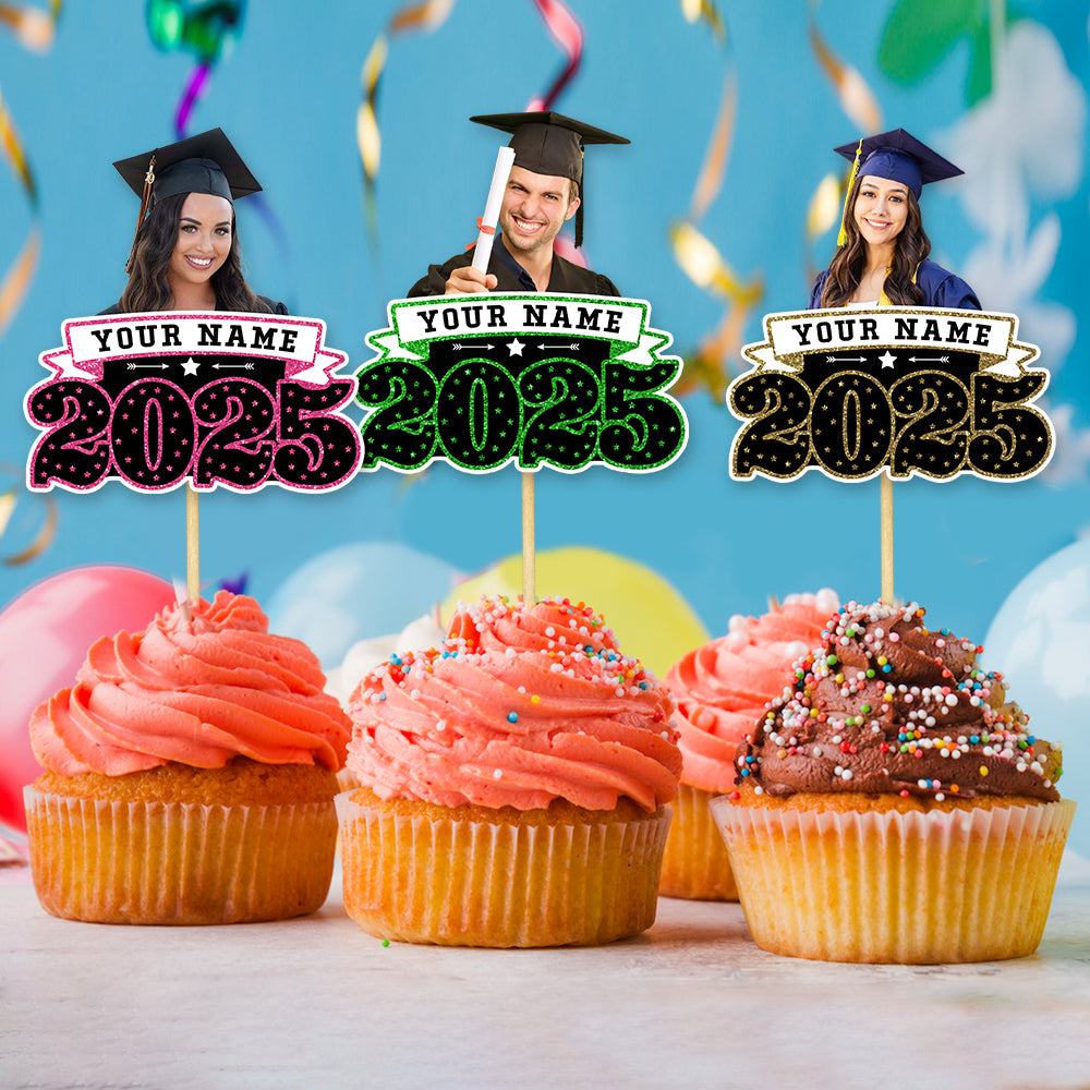 Custom Face With Name 2025 Photo Graduation Cupcake Toppers, Graduation Party Decorations FC