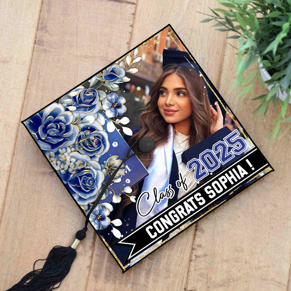 Personalized Proud Photo Floral Class Of 2025 Graduation Cap Topper, Graduation Keepsake Gift FC