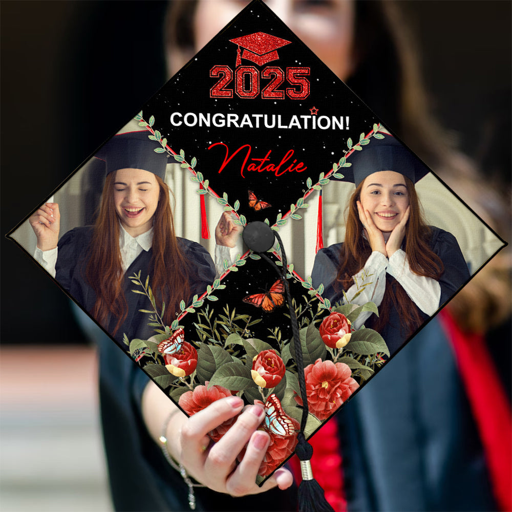 Personalized 2 Photos Floral Class Of 2025 Photo Graduation Cap Topper, Graduation Keepsake Gift FC