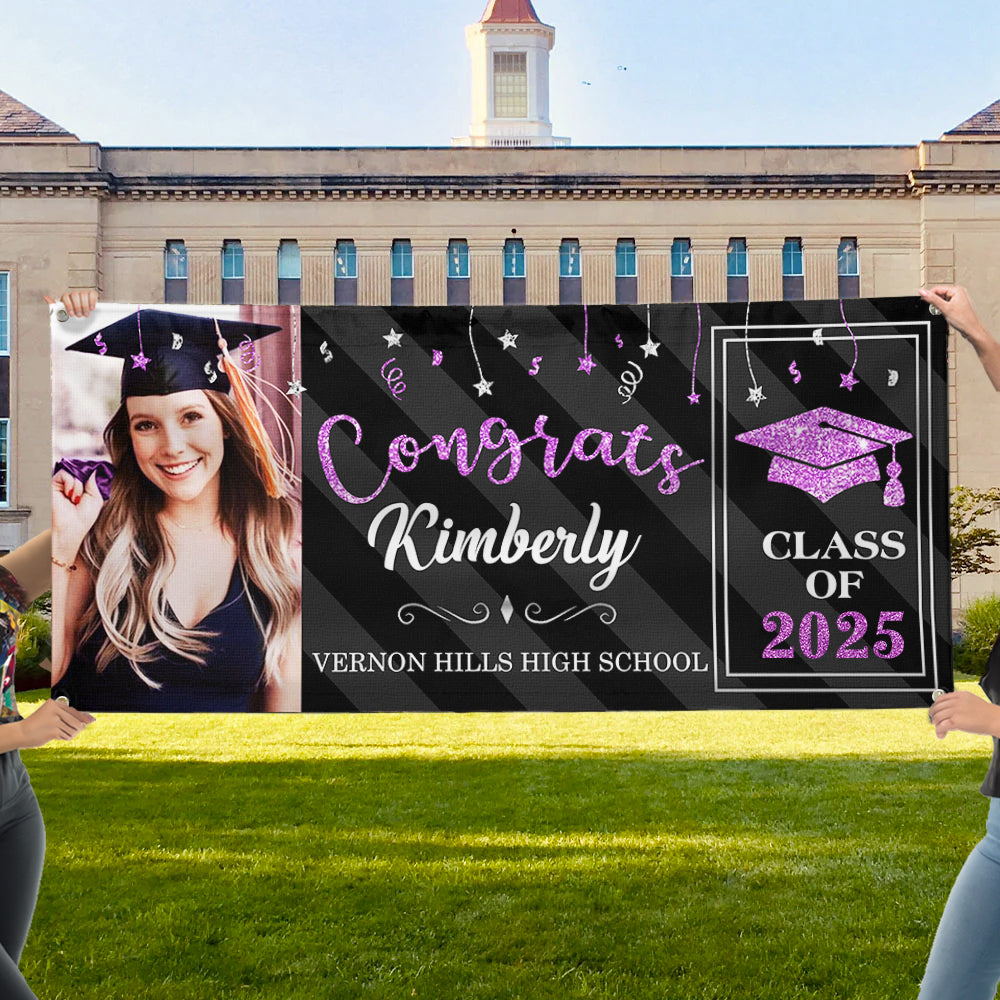 Custom Graduation 2024 Banner with Glitter Photo - Graduation Gift FC