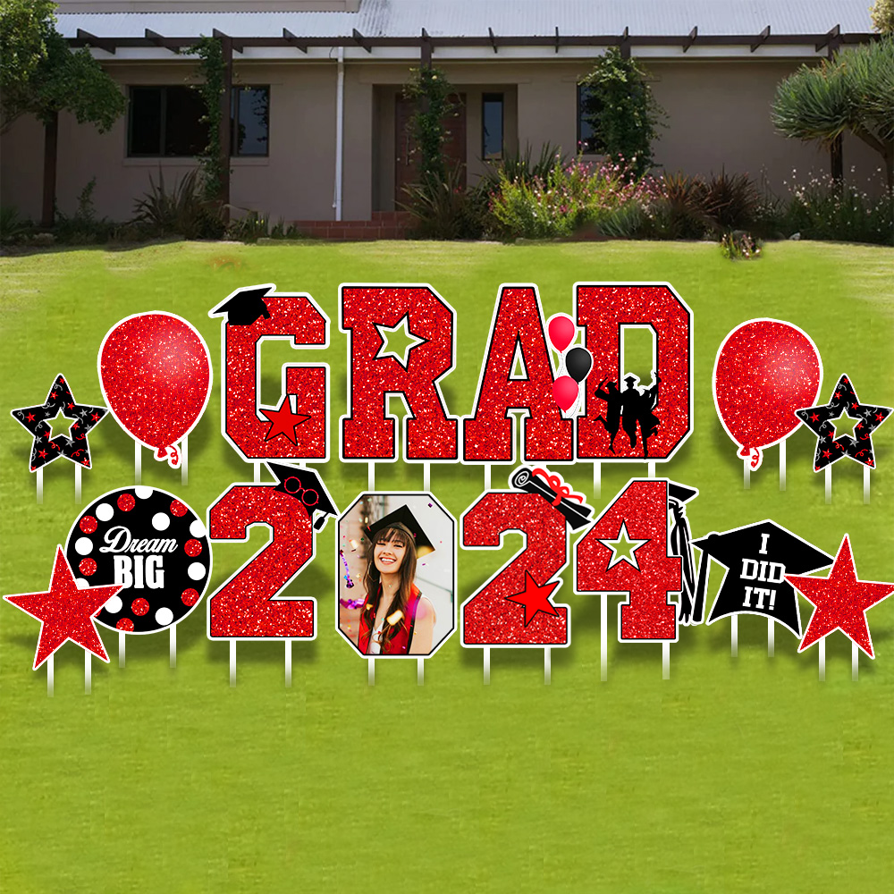 Custom Set Of 13 Signs Dream Big Grad 2024 Glitter Graduation Outdoor Lawn Decor, Graduation Party Decorations Supplies FC