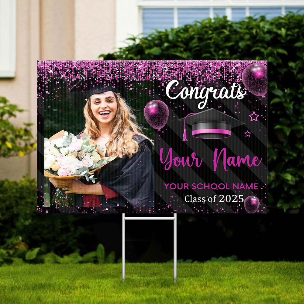 Custom Photo Congratulations Black & Gold Graduation Lawn Sign, Graduation Decorations FC