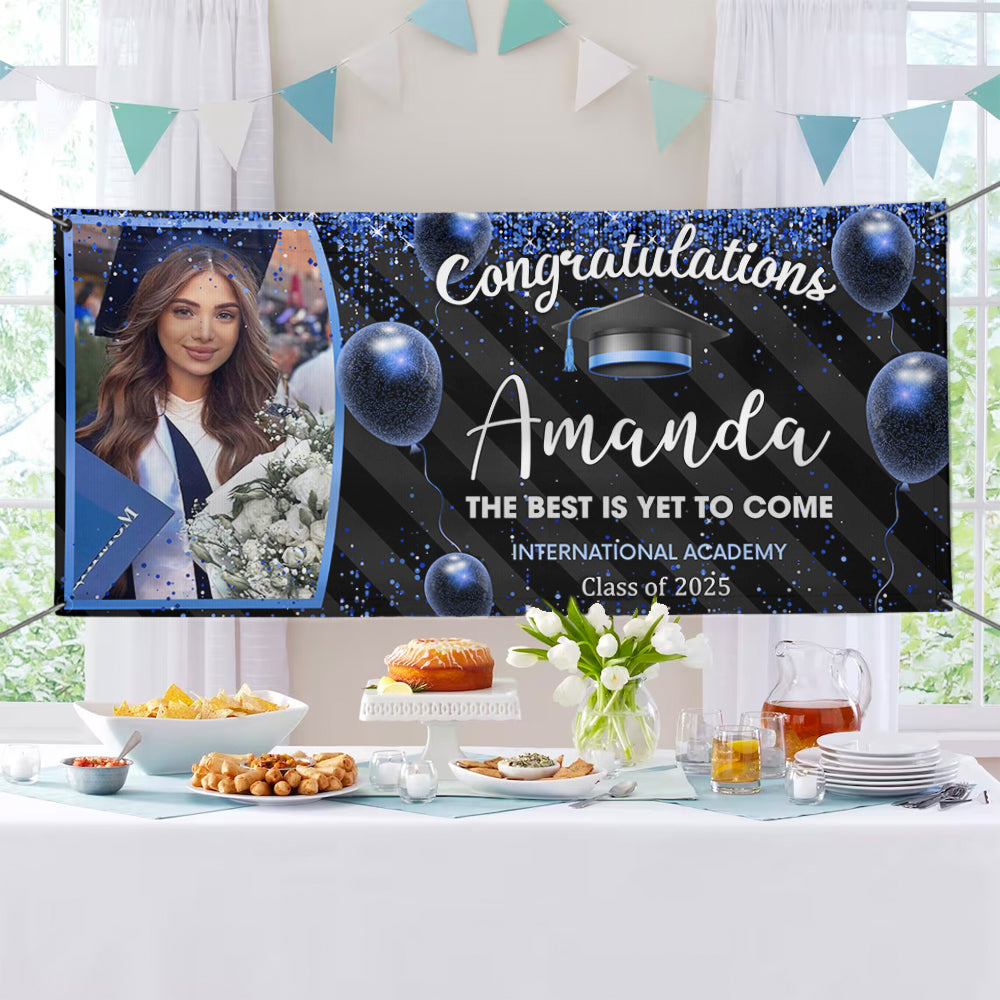 Custom Photo Congratulations Black & Gold Graduation Banner, Graduation Decorations FC