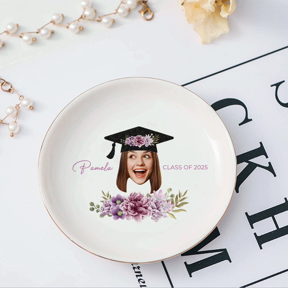 Custom Grad Photo Floral Graduation Round Jewelry Ring Dish, Jewelry Tray, Graduation Gift For Her