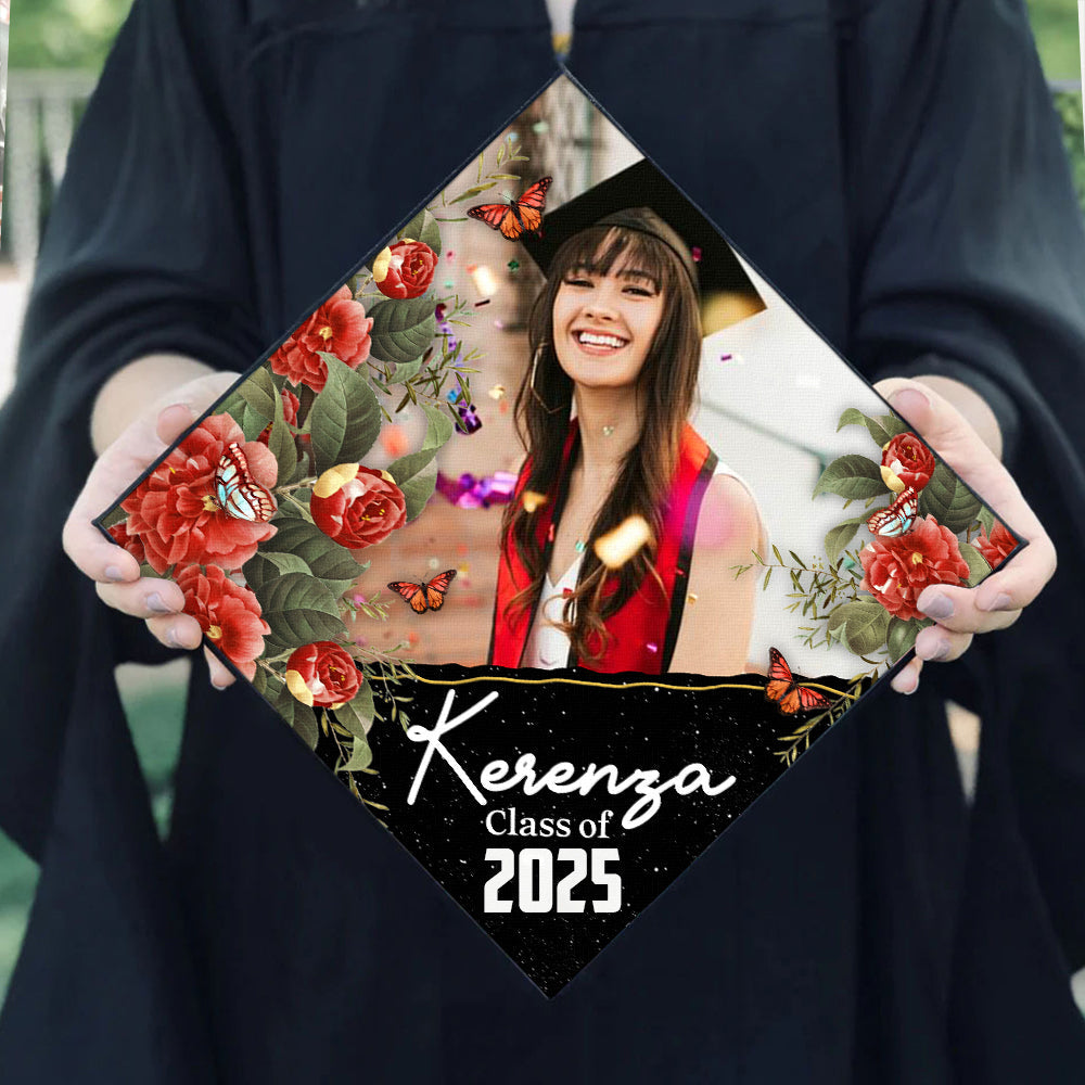 Personalized Multicolor Floral Class Of 2025 Photo Graduation Cap Topper, Graduation Keepsake FC