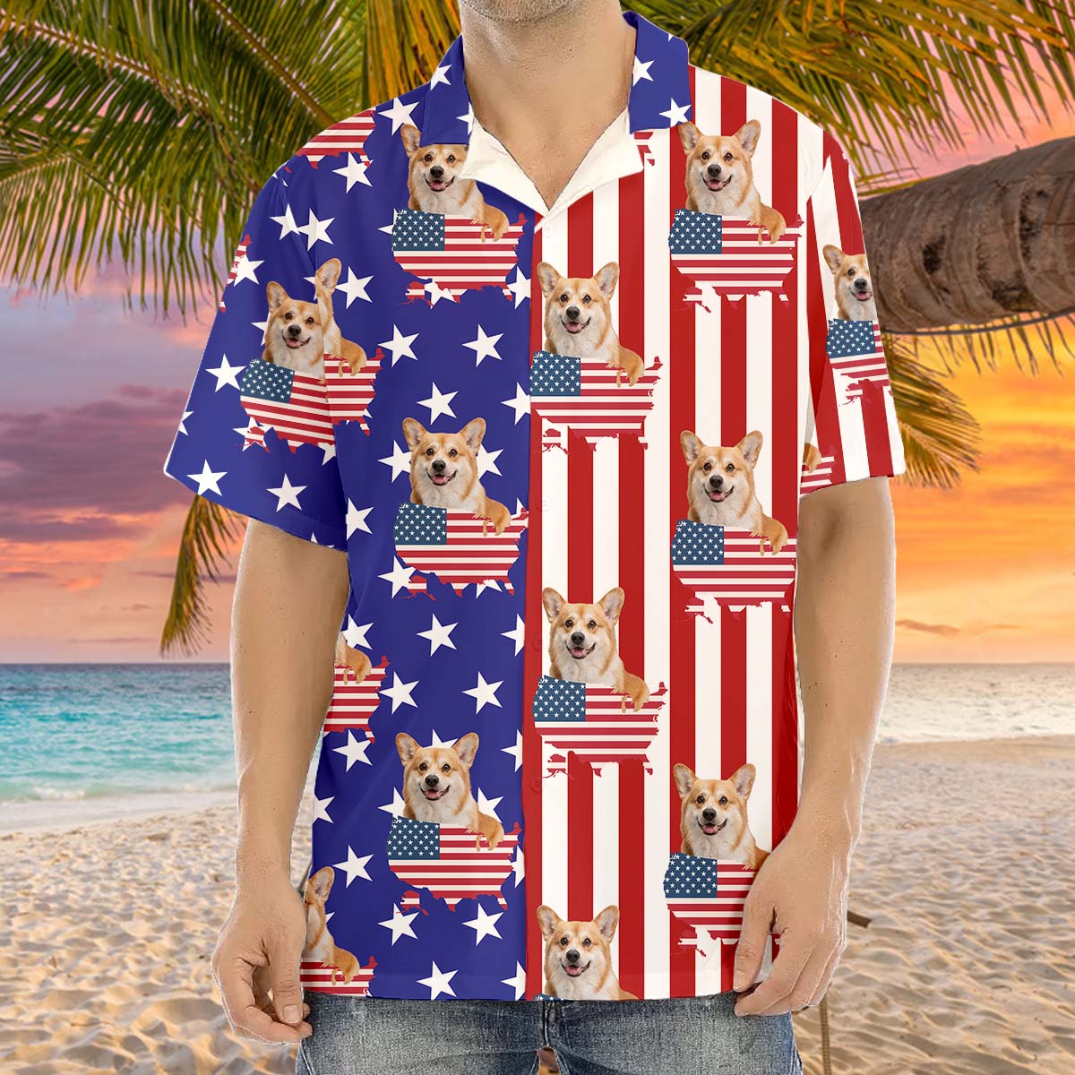 Personalized American Flag Face Photo Hawaiian Shirt, Summer Gift For Dog Cat Lovers FC