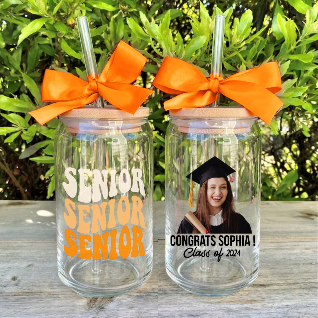 Custom Photo Glass Bottle/Frosted Bottle With Lid & Straw - Graduation Gift - Class Of 2024 Senior Retro Gift FC