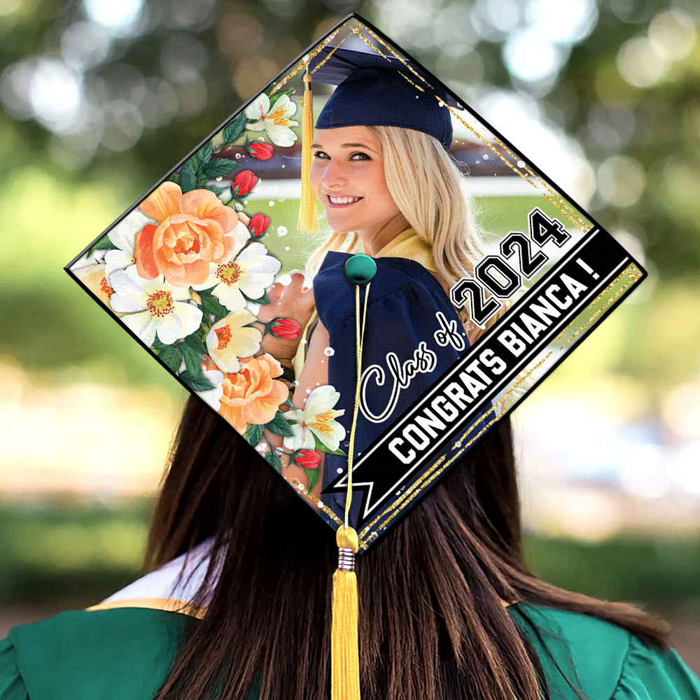Personalized Proud Photo Floral Class Of 2024 Graduation Cap Topper, Graduation Keepsake Gift FC