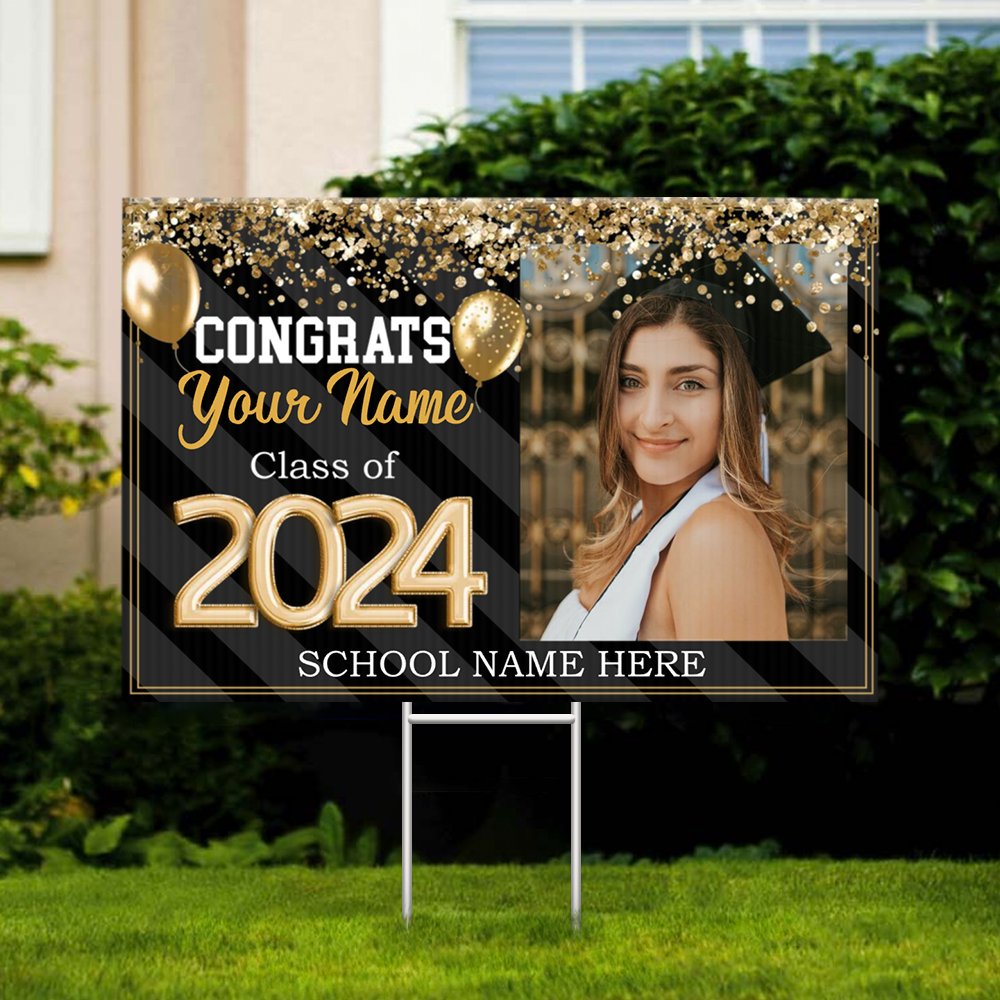 Personalized Congrats 2024 Senior Photo Multicolor Glitter Balloon Yard Sign With Stake, Graduation Decoration Gift FC