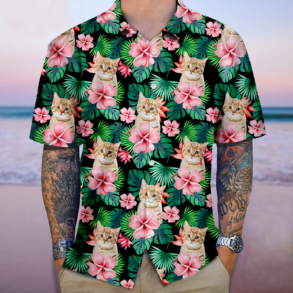 Personalized Enjoy The Summer Together Floral Palm Leaves Dog Cat Photo Hawaiian Shirt For Pet Dad AI