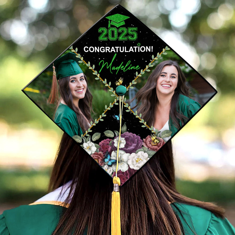 Personalized 2 Photos Floral Class Of 2025 Photo Graduation Cap Topper, Graduation Keepsake Gift FC