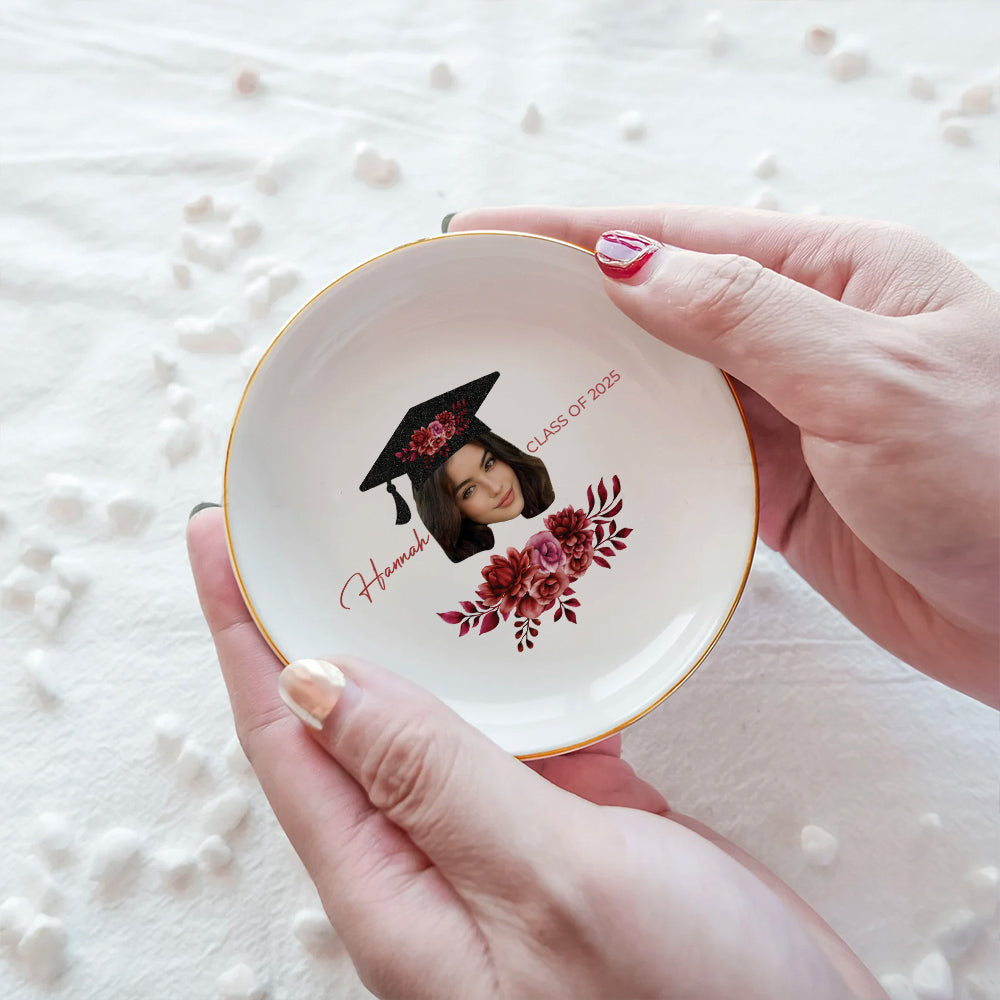 Custom Grad Photo Floral Graduation Round Jewelry Ring Dish, Jewelry Tray, Graduation Gift For Her