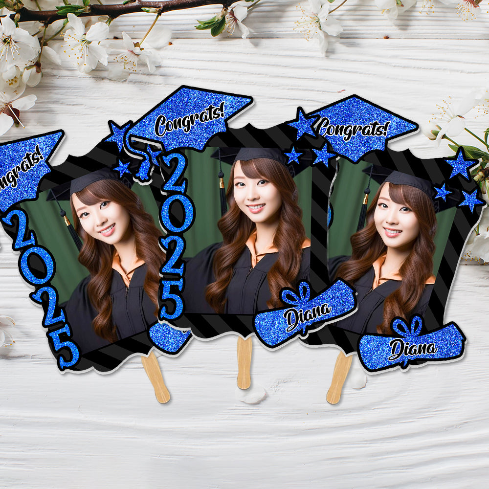 Custom Congrats 2025 With Name Photo Graduation Face Fans With Wooden Handle, Gift For Graduation Party