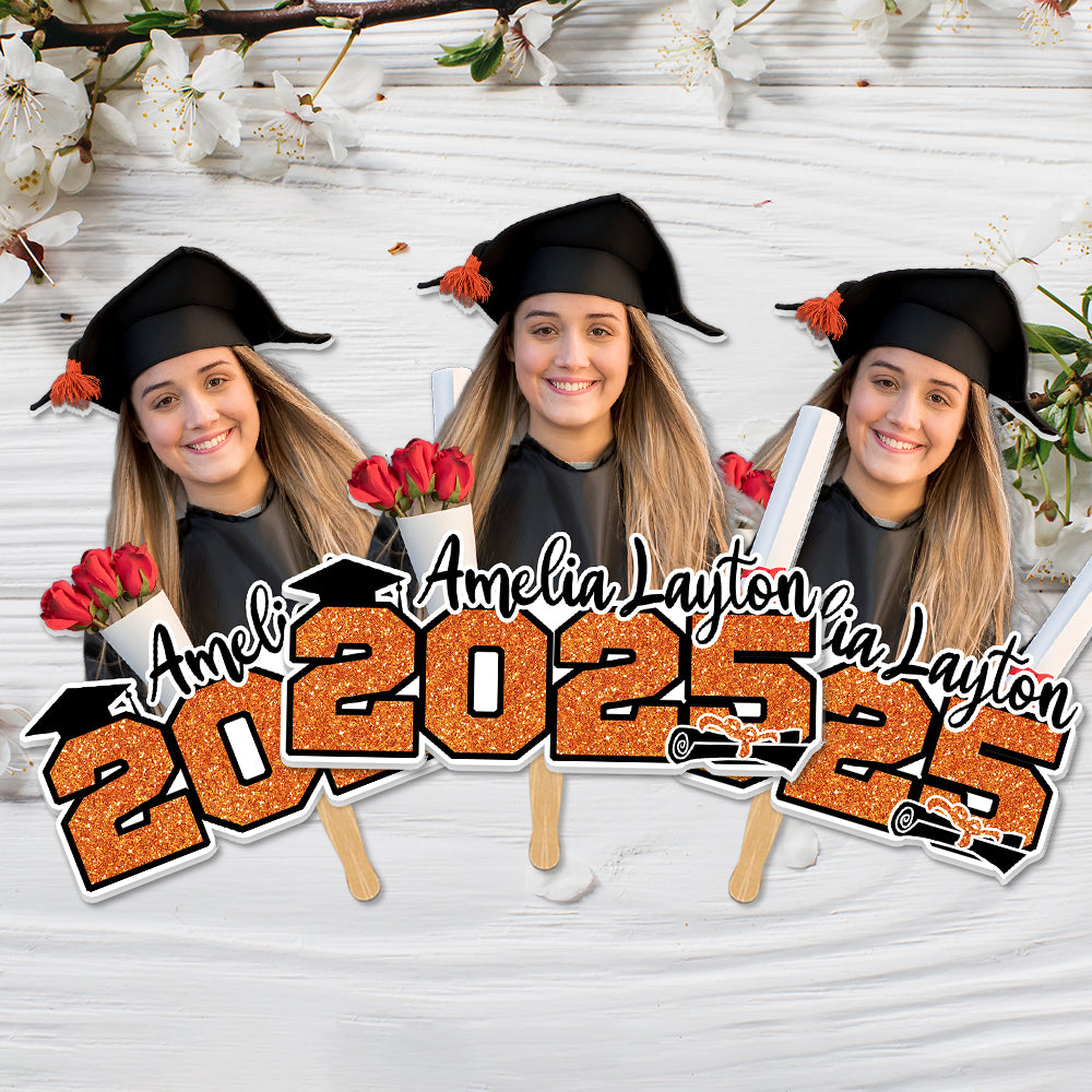 Custom Glitter 2025 Photo Graduation Face Fans With Wooden Handle, Gift For Graduation Party