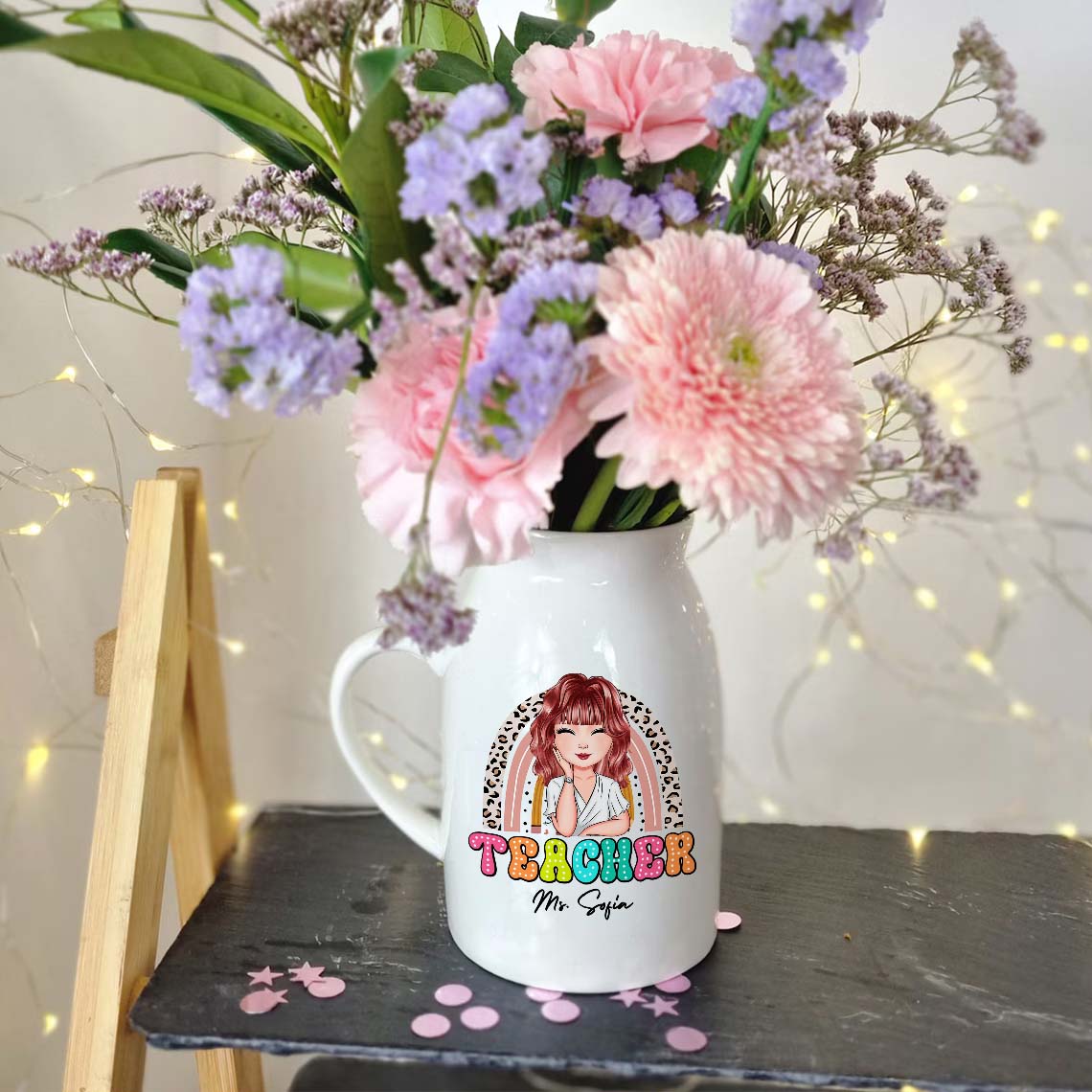 Personalized Teacher Rainbow Ceramic Flower Vase, Appreciation Gift For Teachers FC