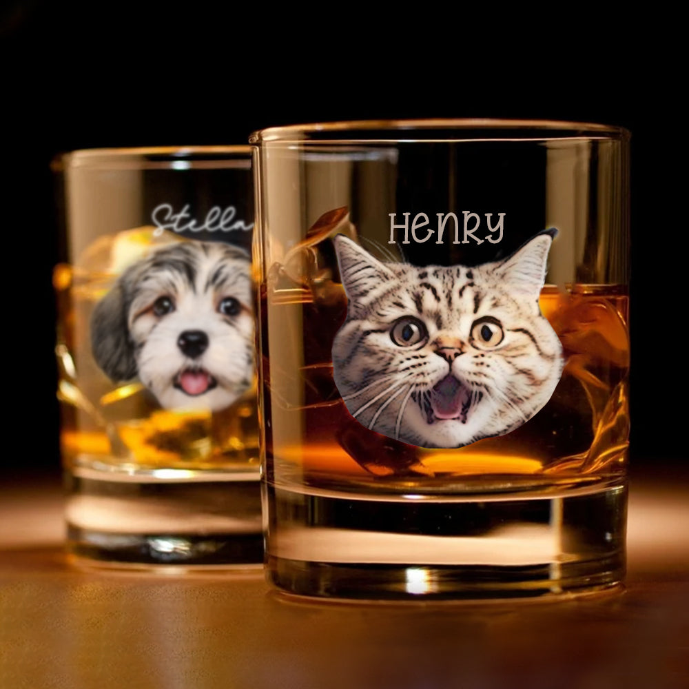Personalized Dog Cat Face Cutout Photo Whiskey Glasses - Gifts For Pet Lovers FC