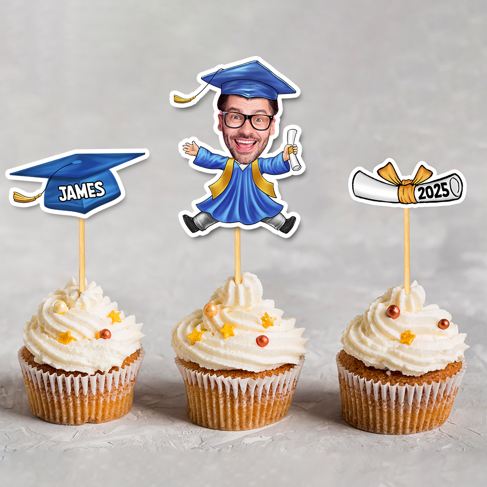 Custom Set Of 3 Designs Face Cupcake Toppers, Graduation Party Decorations FC