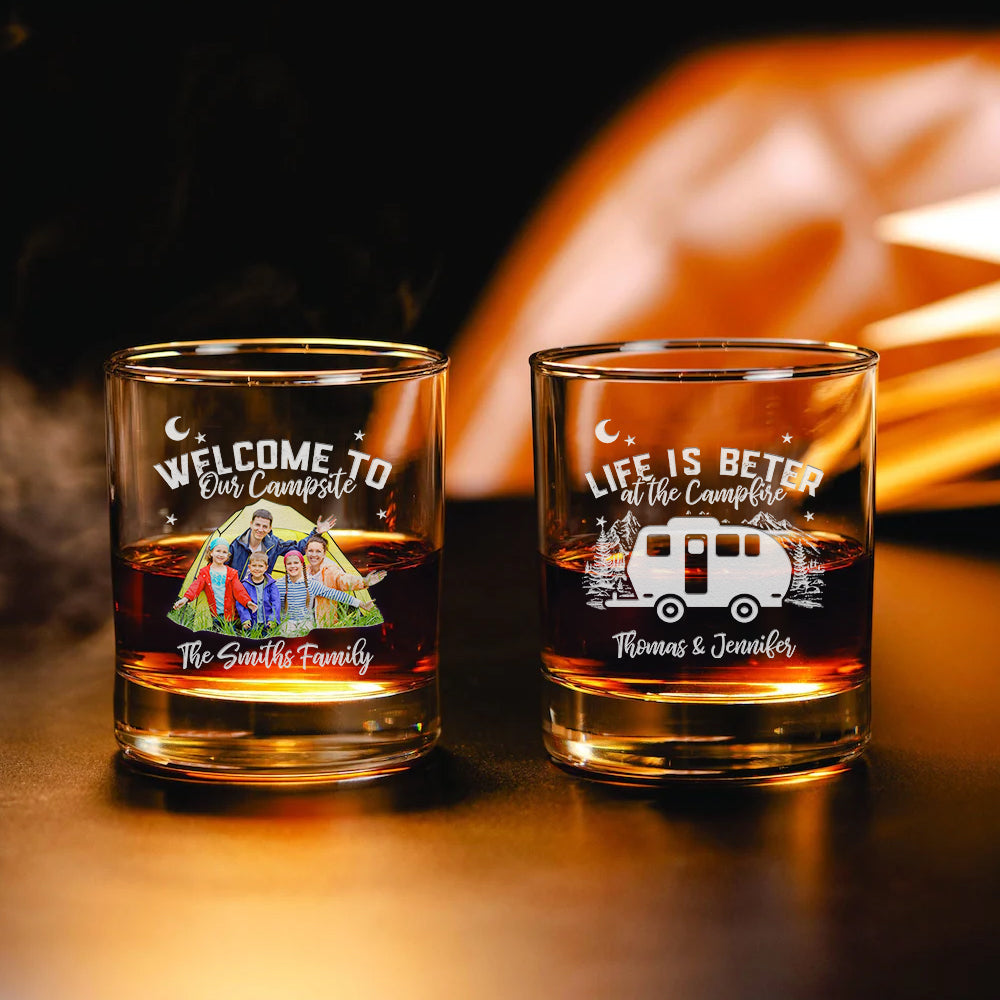 Personalized Life Is Better At The Campfire Etched Whiskey Glasses - Gifts For Camping Lovers (Copy) FC