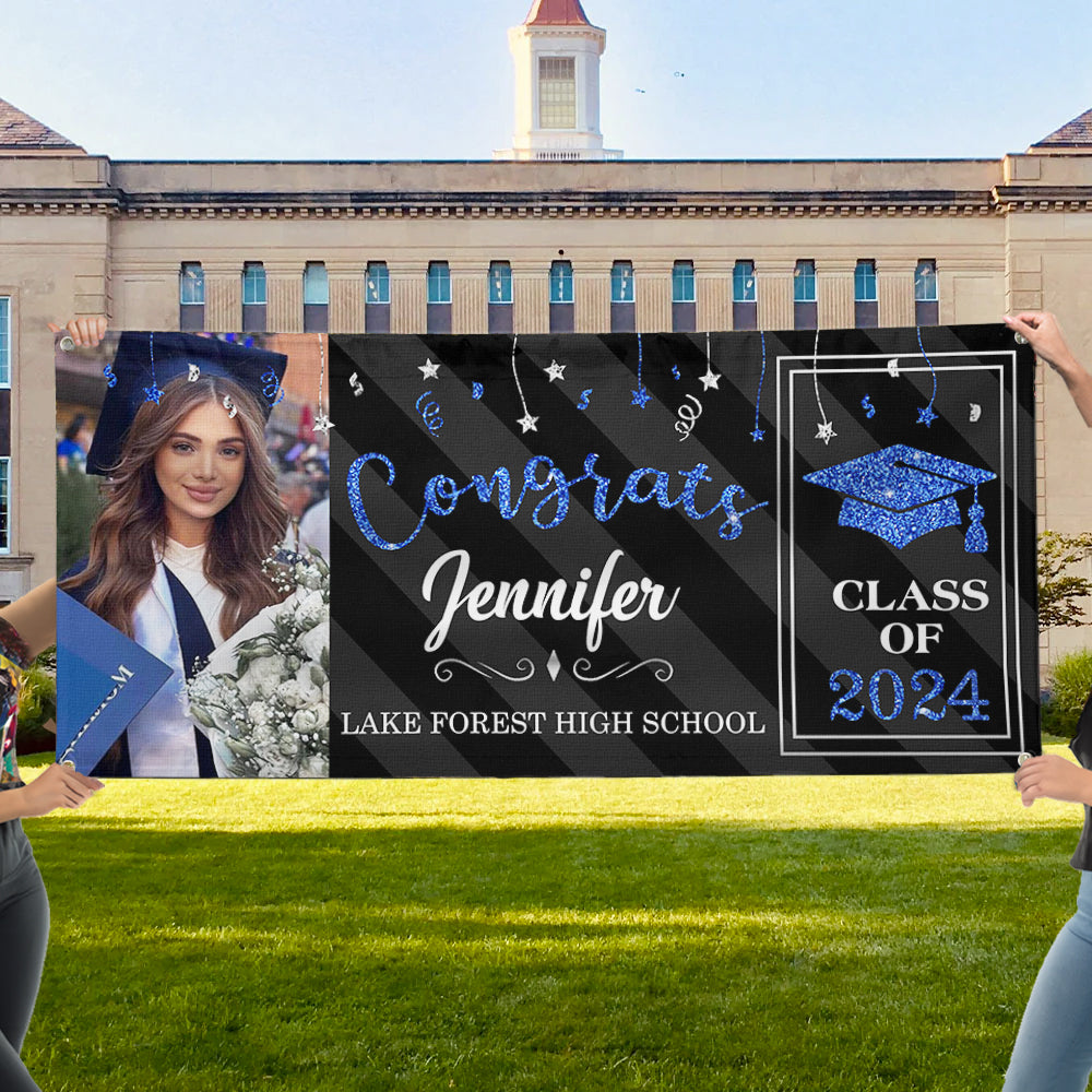 Custom Graduation 2024 Banner with Glitter Photo - Graduation Gift FC