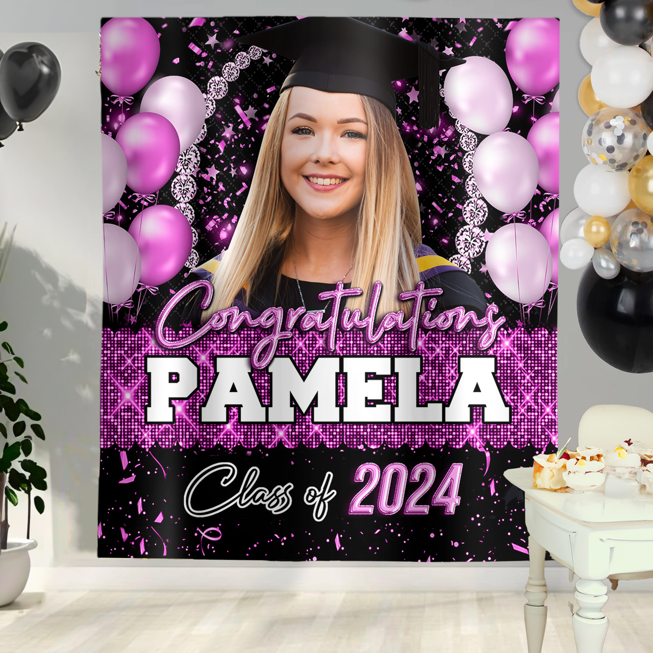 Custom Glitter Balloon Congrats Class Of 2025 Graduation Backdrop, Graduation Party Decorations FC