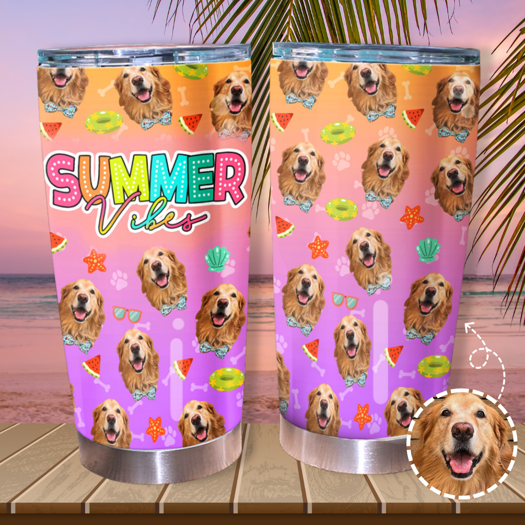 Personalized Summer Vibes Dog Mom Face Photo Tumbler, Best Gift for Pet Lovers FC