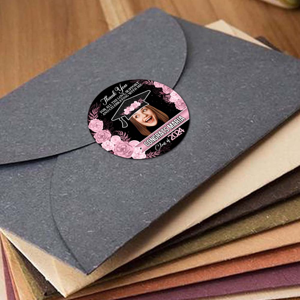 Personalized Floral Thank You Graduation Party Perforated Roll Stickers, Graduation Labels & Party Favors FC
