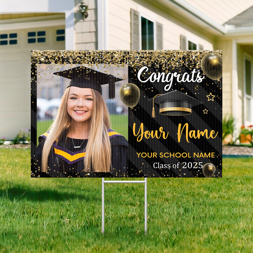 Custom Photo Congratulations Black & Gold Graduation Lawn Sign, Graduation Decorations FC