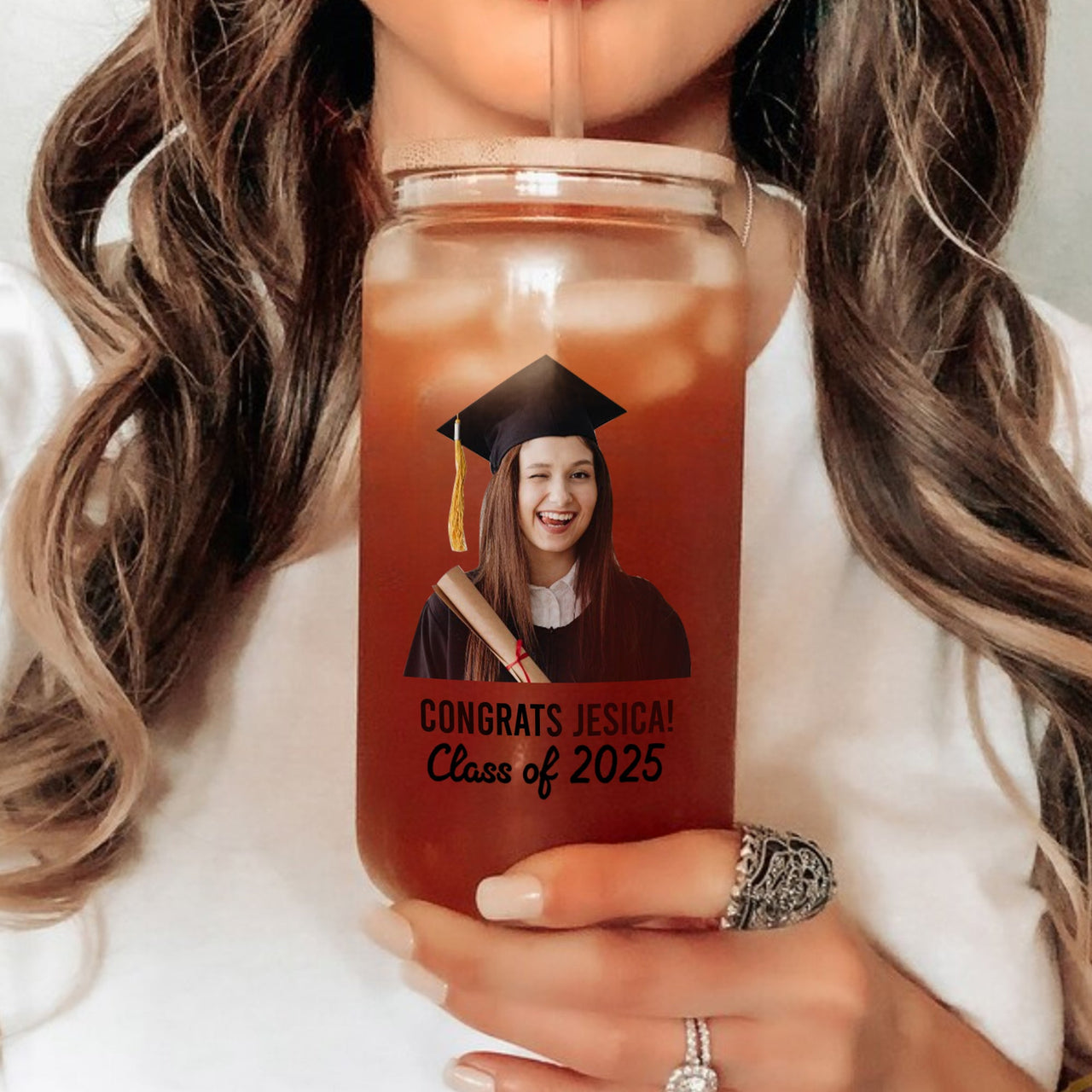 Custom Photo Glass Bottle/Frosted Bottle With Lid & Straw - Graduation Gift - Class Of 2025 Senior Retro Gift FC