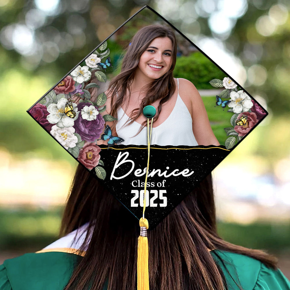 Personalized Multicolor Floral Class Of 2025 Photo Graduation Cap Topper, Graduation Keepsake FC