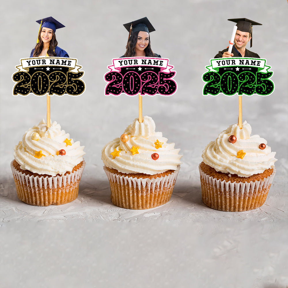 Custom Face With Name 2025 Photo Graduation Cupcake Toppers, Graduation Party Decorations FC