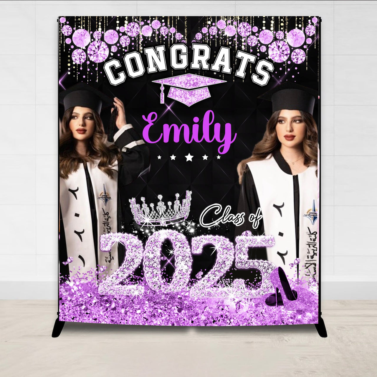 Personalized Diamond Glitter Queen Class Of 2025 Backdrop, Graduation Party Supply FC