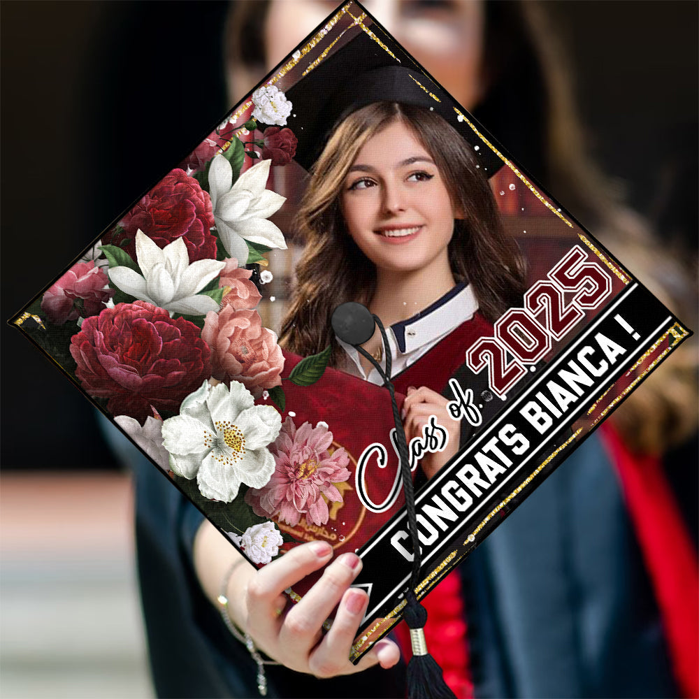 Personalized Proud Photo Floral Class Of 2025 Graduation Cap Topper, Graduation Keepsake Gift FC