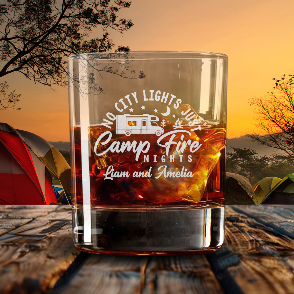 Personalized RV No City Lights, Just Campfire Nights Whiskey Glasses - Gifts For Camping Lovers Kola