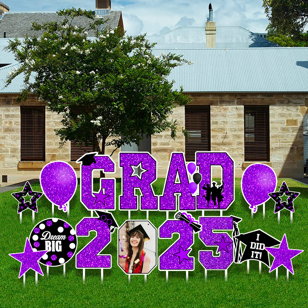 Custom Set Of 13 Signs Dream Big Grad 2025 Glitter Graduation Outdoor Lawn Decor, Graduation Party Decorations Supplies