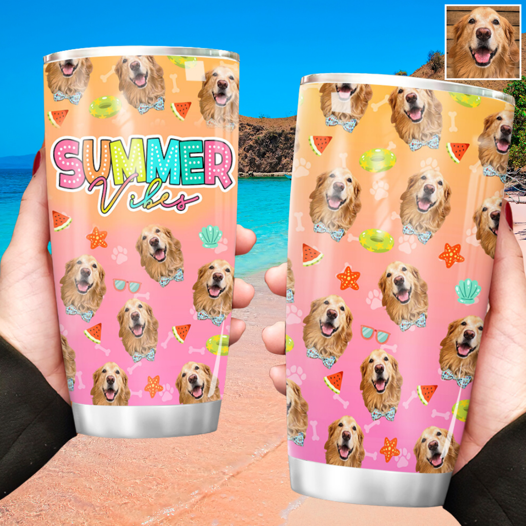 Summer Vibe Dog Mom Face Photo Tumbler, Best Gift for Pet Lovers FC