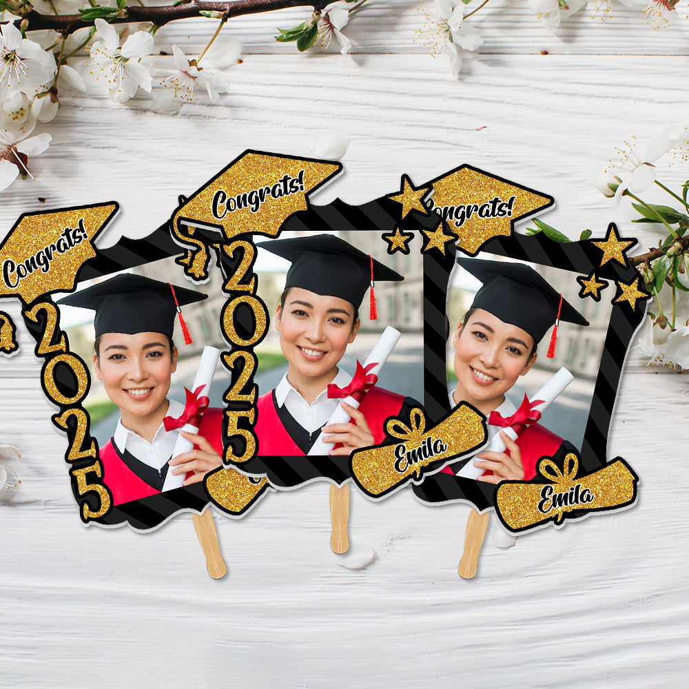 Custom Congrats 2025 With Name Photo Graduation Face Fans With Wooden Handle, Gift For Graduation Party